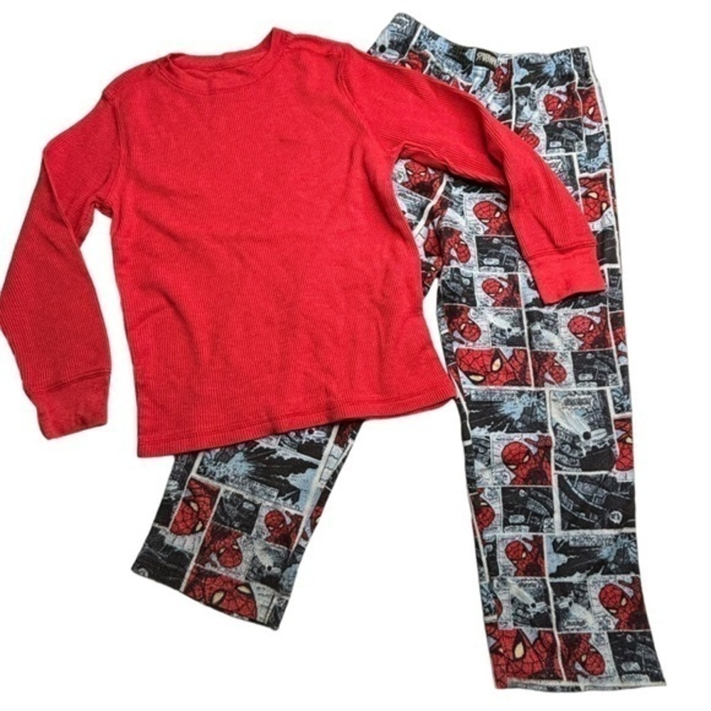 Boys Size Small Red Long Sleeve Thermal Top and Fleece Spiderman Pajama Bottoms‎